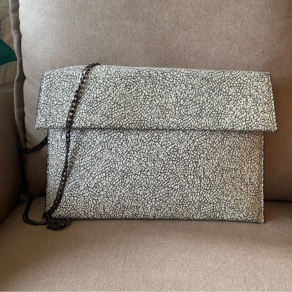 Elegant Black and White Cracked Leather Women's Clutch or Crossbody Purse